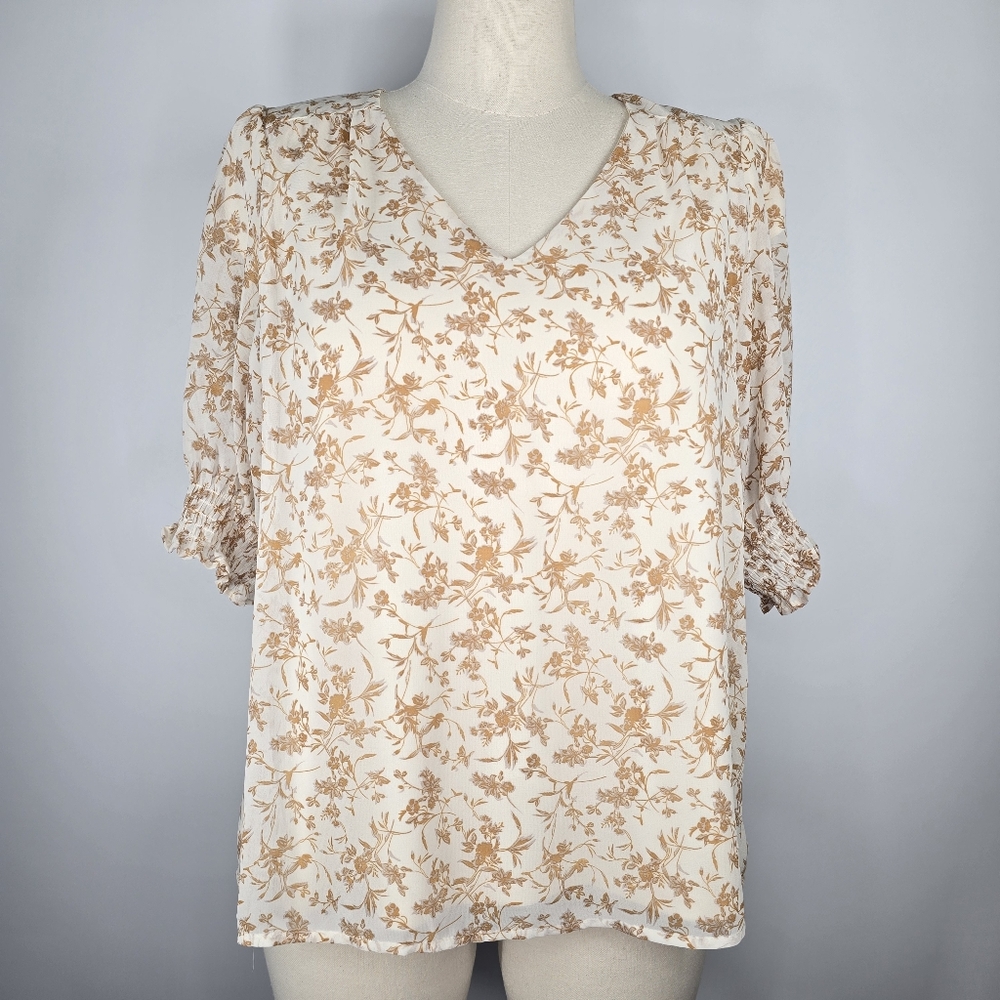 Baltic Born Cordova Cream Floral Chiffon Blouse V-Neck Puff Sleeve Size L